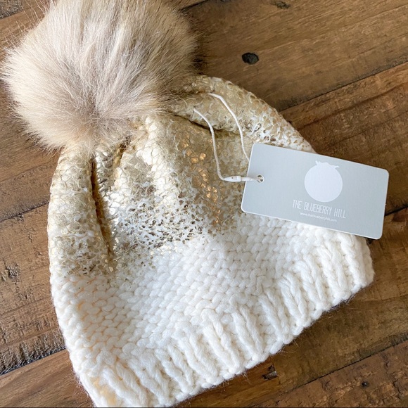Anthropologie The Blueberry Hill Ivory Gold Metallic Fur Pom Kids Hat - Picture 3 of 10